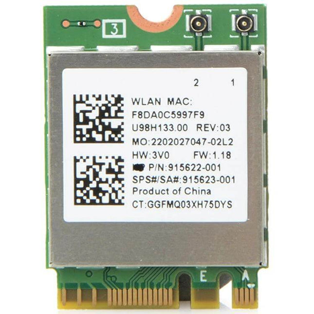 Dual Band Wireless Network Adapter with Bluetooth for Laptops green NGFF M.2 module showing label, QR codes, antenna connectors and gold edge contacts
