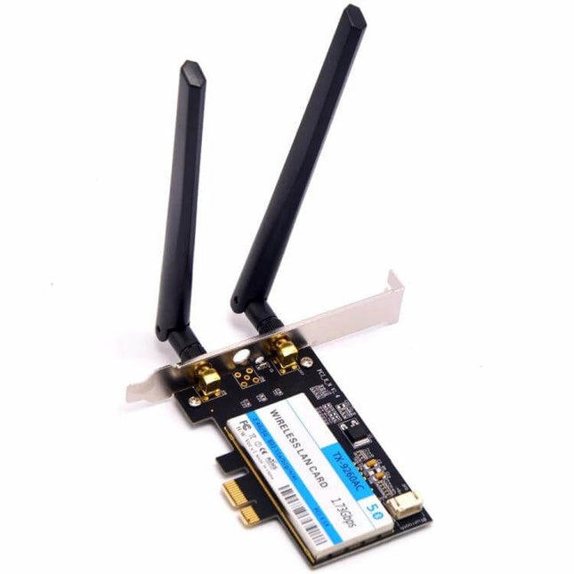 Wireless AC Dual Band WiFi Adapter with Bluetooth for Desktops installed PCIe card with two external antennas, ideal for streaming, gaming, and Bluetooth peripherals