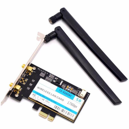Wireless AC Dual Band WiFi Adapter with Bluetooth for Desktops showing dual antennas and PCIe card for faster wireless and Bluetooth connectivity