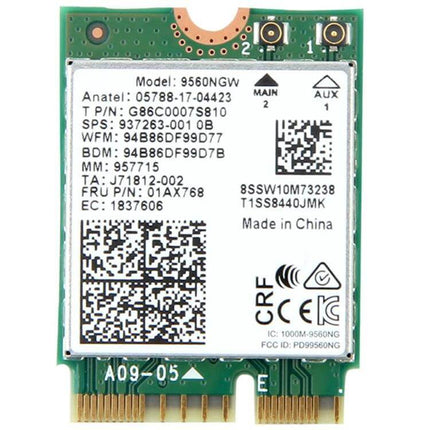 Intel Wireless Card for Laptop Internet Connectivity — m.2 WiFi card showing model 9560NGW with dual-band antennas and QR codes