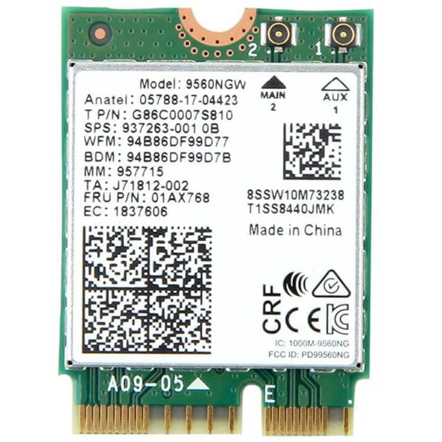 Intel Wireless Card for Laptop Internet Connectivity - M.2 WiFi card showing model 9560NGW, dual-band antennas, QR codes and gold edge connector