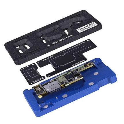 Qianli Stencil Platform for iPhone X, XS, and XS Max Repair showing blue fixture, black stencils, and motherboard alignment tools