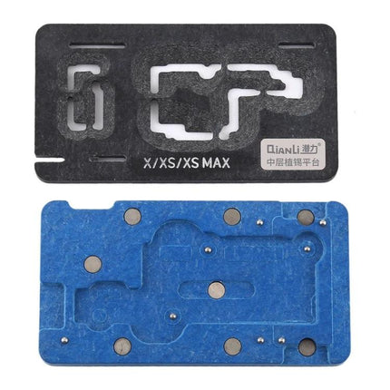 Qianli Stencil Platform for iPhone X, XS, and XS Max Repair - black and blue alignment jig for screen and battery replacements