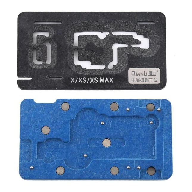 Qianli Stencil Platform for iPhone X, XS, and XS Max Repair - black and blue alignment jig for screen and battery replacements