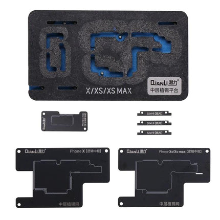 Qianli Stencil Platform for iPhone X, XS, and XS Max Repair precision alignment repair jig showing plates and stencils