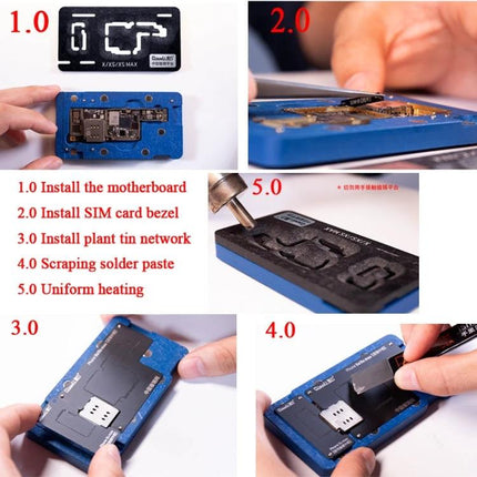Qianli Stencil Platform for iPhone X, XS, and XS Max Repair showing step-by-step motherboard, SIM bezel, solder paste alignment and heating