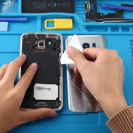 Qianli Triangle Pry Tool with Scales for Electronics Opening being used to gently pry open a smartphone back and measure seam depth