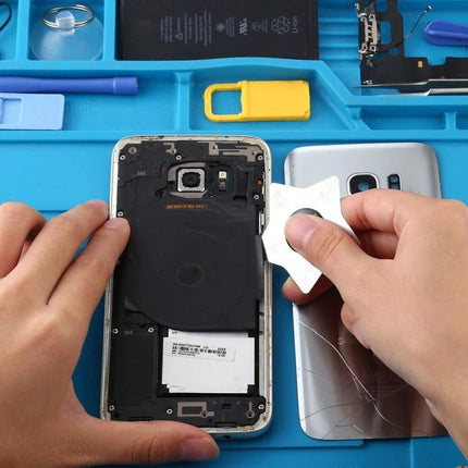 Qianli Pentagram Shaped Pry Tool for Safe Device Opening being used to slide into a smartphone back panel gap for safe repair