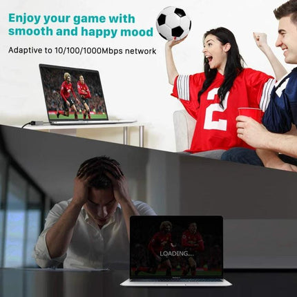 15cm USB-C to RJ45 Gigabit Ethernet Network Adapter showing laptop stable wired gaming connection vs spotty Wi-Fi