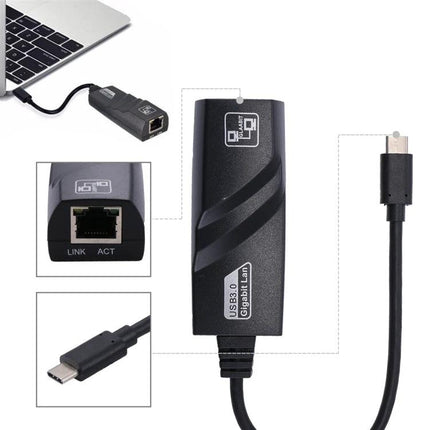 15cm USB-C to RJ45 Gigabit Ethernet Network Adapter connected to laptop with close-up of USB-C plug and RJ45 port