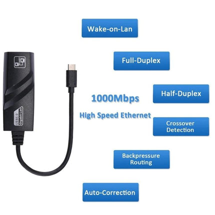 15cm USB-C to RJ45 Gigabit Ethernet Network Adapter showing USB-C cable and RJ45 dongle with 1000Mbps, Wake-on-Lan, Full-Duplex and Auto-Correction labels