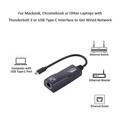 15cm USB-C to RJ45 Gigabit Ethernet Network Adapter connecting USB-C laptop to Ethernet router, switch or wall outlet for stable wired network
