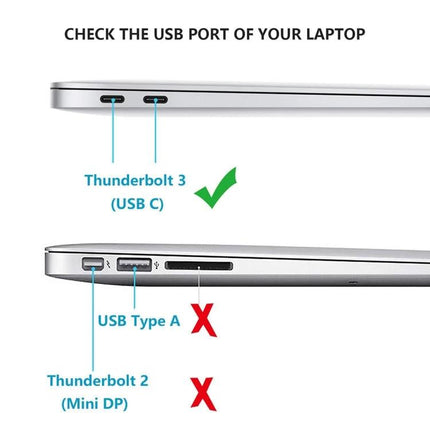 15cm USB-C to RJ45 Gigabit Ethernet Network Adapter shown compatible with Thunderbolt 3 (USB-C) laptop port, not USB Type A or Mini DP