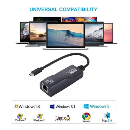 15cm USB-C to RJ45 Gigabit Ethernet Network Adapter showing adapter connected to laptops, highlighting universal compatibility with Windows, MacOS, Linux