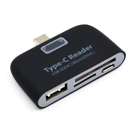 USB-C Adapter for Daily Device Connections and File Transfers — compact Type-C reader with USB, card slots, and passthrough for laptop and phone