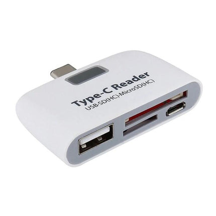 USB-C Adapter for Daily Device Connections and File Transfers compact white Type-C reader with USB, card slots and USB-C port