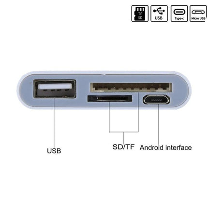 USB-C Adapter for Daily Device Connections and File Transfers — compact hub showing USB, SD/TF slot and Android (Type-C) port for file transfers and peripherals