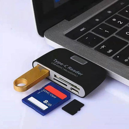 USB-C Adapter for Daily Device Connections and File Transfers plugged into laptop with USB drive and memory cards