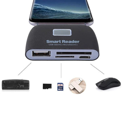 Essential Card Reader for Everyday Data Transfer Needs - compact Smart Reader connecting phone to SD, microSD, USB drives, keyboards and mice