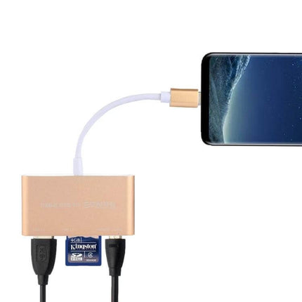 5-in-1 Multi-Port Card Reader Adapter for Smartphones and PCs showing SD card and USB cables connected to a smartphone for fast file transfer