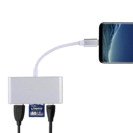 5-in-1 Multi-Port Card Reader Adapter for Smartphones and PCs connected to a phone, showing SD card and USB cables for fast file transfer