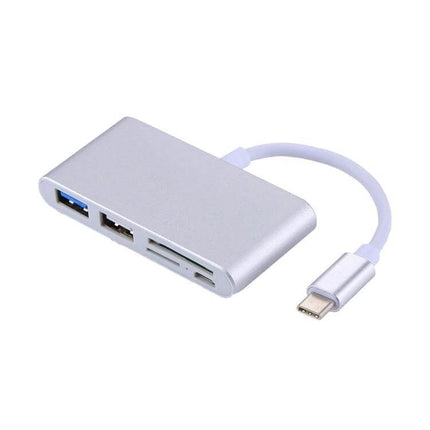 5-in-1 Multi-Port Card Reader Adapter for Smartphones and PCs showing USB-C cable, SD and microSD slots, and USB 3.0 port in silver