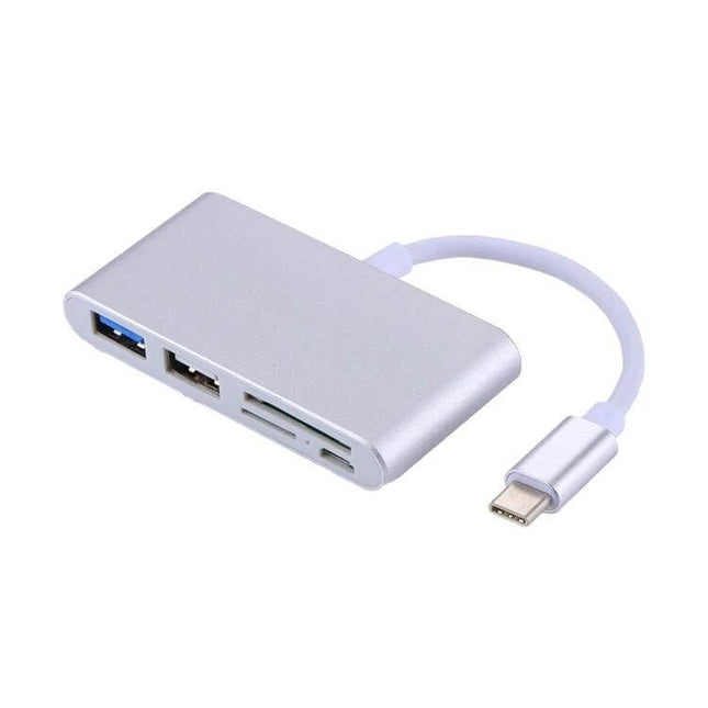 5-in-1 Multi-Port Card Reader Adapter for Smartphones and PCs showing USB-C cable, SD and microSD slots, and USB 3.0 port in silver