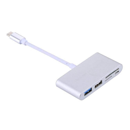 5-in-1 Multi-Port Card Reader Adapter for Smartphones and PCs connected to a phone with USB-C, showing SD, Micro SD and USB 3.0 ports