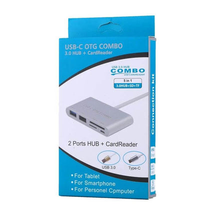 5-in-1 Multi-Port Card Reader Adapter for Smartphones and PCs showing USB-C OTG combo hub and card reader packaging