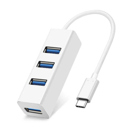 USB-C 4-Port USB Hub Adapter for Laptops and Devices in white showing four USB ports and Type-C connector for peripherals