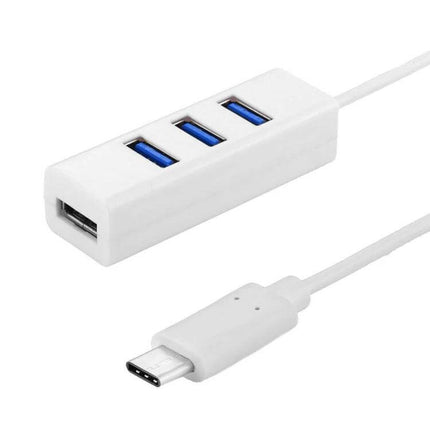 USB-C 4-Port USB Hub Adapter for Laptops and Devices white compact hub with USB-C cable and four USB ports