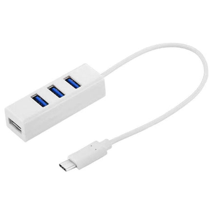 USB-C 4-Port USB Hub Adapter for Laptops and Devices — white compact hub with Type-C cable and four USB-A ports for keyboards, mice, and drives
