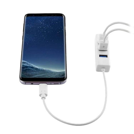 USB-C 4-Port USB Hub Adapter for Laptops and Devices connected to smartphone showing USB peripherals