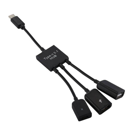 Portable USB-C Adapter with Dual USB and Micro USB Ports — compact black Type-C hub with two USB ports and one Micro USB cable for charging and peripherals