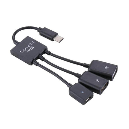 Portable USB-C Adapter with Dual USB and Micro USB Ports compact black hub with two USB-A ports and one Micro USB port for peripherals and charging