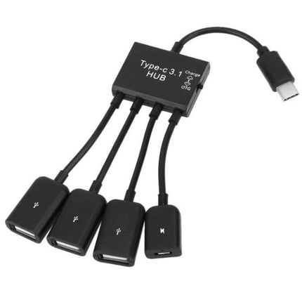 Portable USB-C Hub with 3 USB Ports and Micro USB Charging – black compact hub with Type-C cable and three USB ports for peripherals