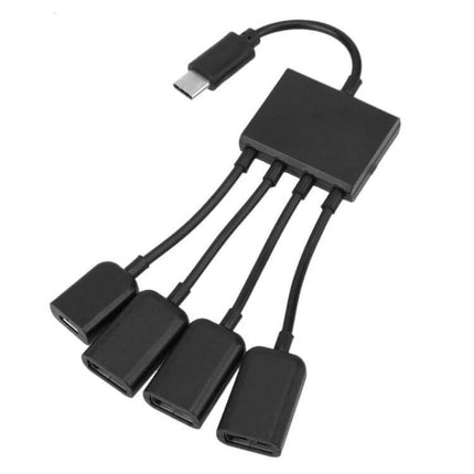 Portable USB-C Hub with 3 USB Ports and Micro USB Charging — compact black hub connecting a USB-C laptop to three USB peripherals and micro USB charge