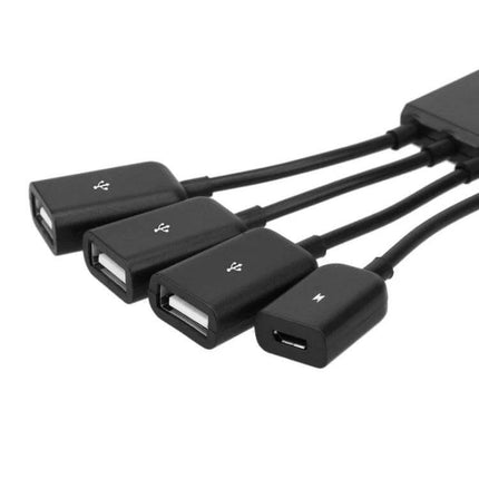 Portable USB-C Hub with 3 USB Ports and Micro USB Charging black compact hub connecting three USB devices and Micro USB charging cable