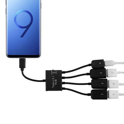 Portable USB-C Hub with 3 USB Ports and Micro USB Charging connected to smartphone showing multiple USB devices