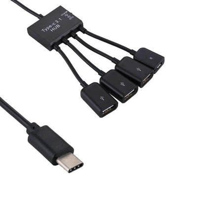 Portable USB-C Hub with 3 USB Ports and Micro USB Charging - black compact hub showing Type-C plug and three USB-A ports with micro charging port