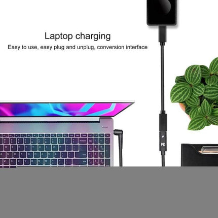 Compact 15cm Barrel to Type-C Female Adapter Cable for Charging shown connecting a laptop to a PD power source for compact on-the-go charging