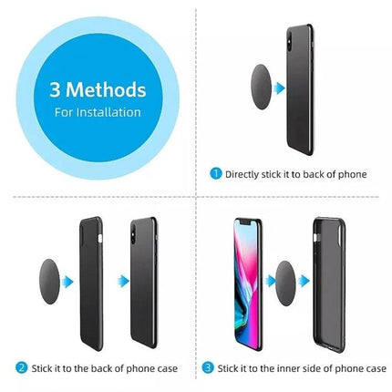 Pack of 100 Adhesive Metal Magnetic Discs for Car Phone Holders showing 3 installation methods: stick to phone, to phone case back, or inside case