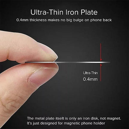 Pack of 100 Adhesive Metal Magnetic Discs for Car Phone Holders showing ultra-thin 0.4mm iron plate held between fingers with 3M adhesive
