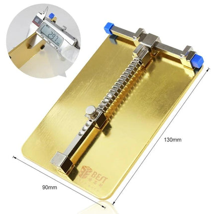 Stainless Steel Adjustable Holder for Mobile Phone PCB Repairs - gold bench clamp with adjustable clips holding phone PCB