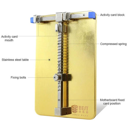Stainless Steel Adjustable Holder for Mobile Phone PCB Repairs securely holding phone on stainless steel table with adjustable clips and compressed spring