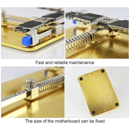 Stainless Steel Adjustable Holder for Mobile Phone PCB Repairs showing clips, spring clamp and brass base securing a phone motherboard