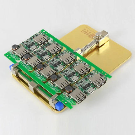Stainless Steel Adjustable Holder for Mobile Phone PCB Repairs holding a PCB steady on workbench with adjustable clips, ideal for technicians and DIY repairs