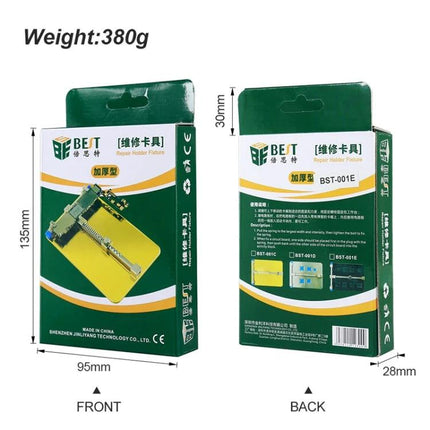 Stainless Steel Adjustable Holder for Mobile Phone PCB Repairs showing packaged front and back views with dimensions and product weight