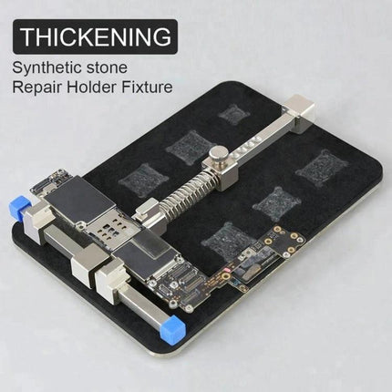 Professional Stainless Steel PCB Holder for Circuit Board Repair with adjustable clamps securing an iPhone circuit board on a padded base