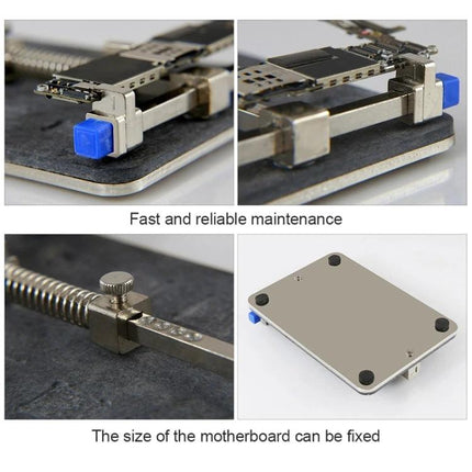 Professional Stainless Steel PCB Holder for Circuit Board Repair securing iPhone motherboard for precise chip work, stainless steel and plastic construction